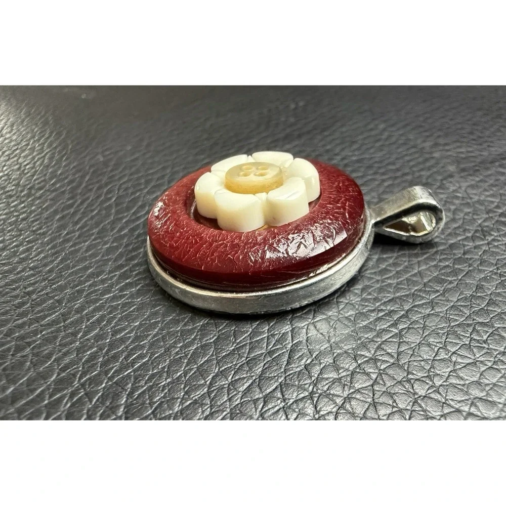 Vintage Button Pendant Handmade Red Cream Flower Retro Statement Necklace Charm